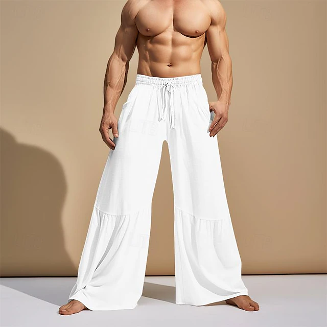 Men's Culottes Wide Leg Linen Pants Trousers Summer Pants Patchwork ...