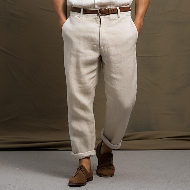  40% lino Hombre Pantalones de lino Pantalones Pantalones de verano Bolsillo Pierna recta Plano Transpirable Cómodo Oficina / Carrera Diario Vacaciones Clásico Casual Negro Blanco