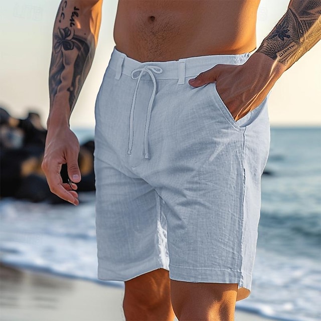  Men's Shorts Linen Shorts Summer Shorts Pocket Drawstring Plain Comfort Breathable Short Casual Daily Holiday Fashion Classic Style White Sky Blue