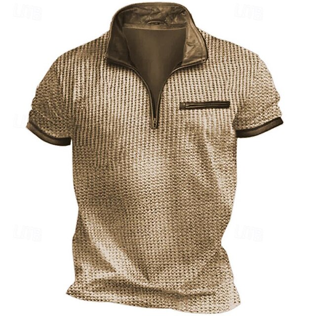 Men's T Shirt Waffle Knit Tee Quarter Zip Tee Tee Top Short Sleeves Quarter Zip Summer Plain Vintage Designer Basic Pocket Vacation Street Going out Navy Blue Dark Gray Khaki Top Tee for Men4