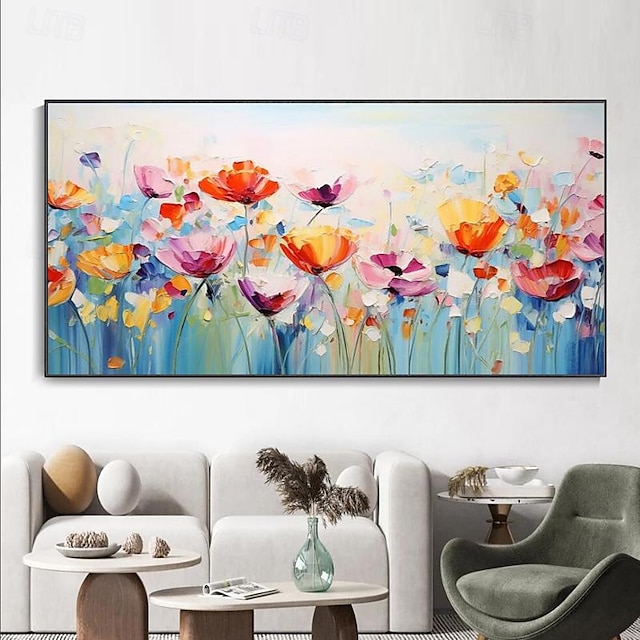  Handgemachtes Frühlingsdekor, großes Ölgemälde auf Leinwand mit blauem Himmel, blühende Blumen, 3D-Textur, Schutzmessergemälde, handgemaltes Gemälde, Hochzeitsdekor, Wandkunst, ohne Rahmen