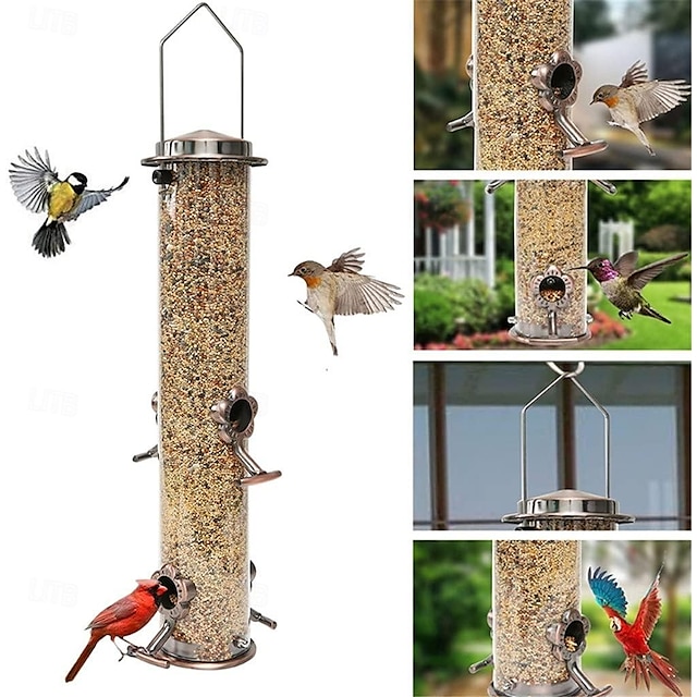  Hrănitoare metalice pentru păsări pentru exterior, hrănitor cu tub transparent solid extra gros cu umeraș din oțel, stație de hrănire pentru păsări suspendate pentru păsări sălbatice pe tot parcursul