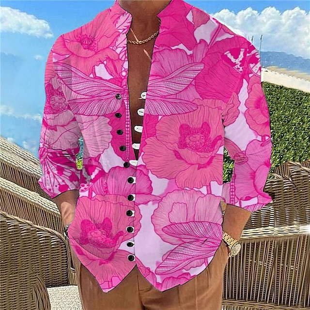  Rose Floral Men's Resort Hawaiian 3D Printed Shirt Holiday Daily Wear Vacation Spring & Summer Standing Collar Long Sleeve Yellow Pink Royal Blue S M L Polyester Shirt