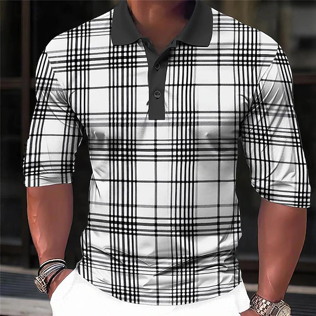 Men's Plaid Zip Polo Shirts Golf Shirt Long Sleeve Polo Shirts Collared Shirts Casual Vacation Wear Formal Wear Festival Wear 3D Print Quarter Zip Polo Spring & Summer White Green Khaki 8