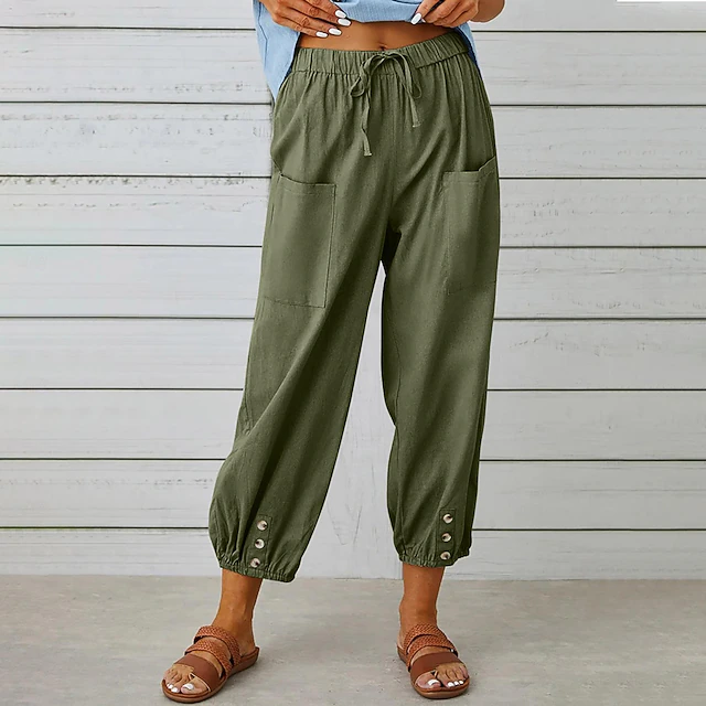 Women's Jogger Pants Olive Green Casual Drawstring Elastic Ankle Button Detail Pockets Light Breathable Spring Autumn Leisure Comfort Multiple Sizes 5
