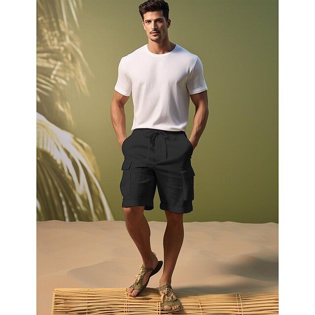 40 Linen Mens Shorts Linen Shorts Summer Shorts Drawstring Elastic Waist Multi Pocket Plain 7893