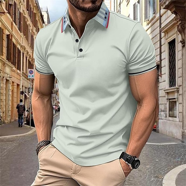  Men's Polo Shirt Golf Shirt Work Casual Lapel Short Sleeve Basic Modern Color Block Stripes Patchwork Button Spring & Summer Regular Fit Dark Pink Black White Pink Navy Blue Khaki Polo Shirt