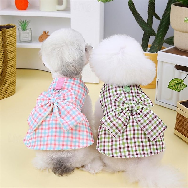  Dog Cat Dress Plaid Ribbon bow Elegant Cute Dailywear Holiday Winter Dog Clothes Puppy Clothes Dog Outfits Breathable Pink Green Costume for Girl and Boy Dog Cotton XS S M L XL