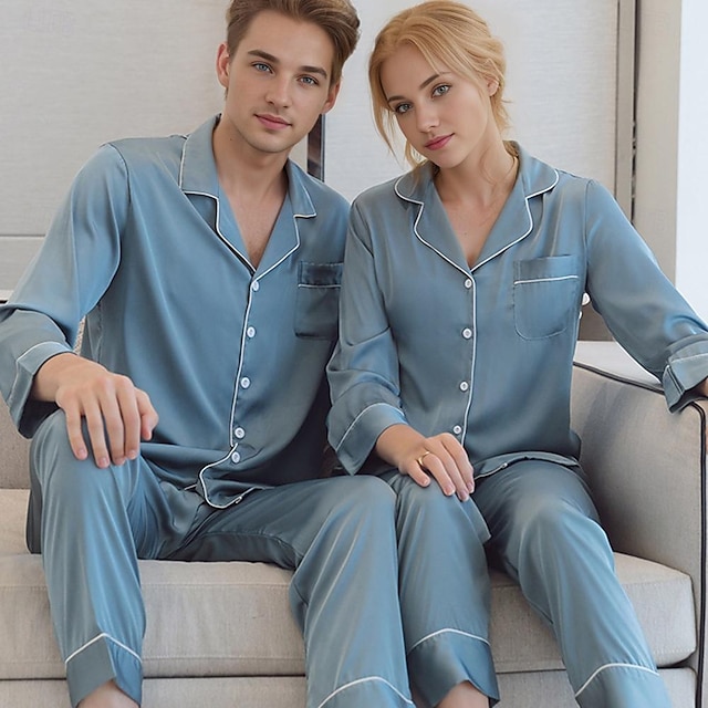  Couple's Pajamas Loungewear Solid Color Casual Weekend Navy Blue Long Sleeve Daily Shirt Collar Spring &  Fall