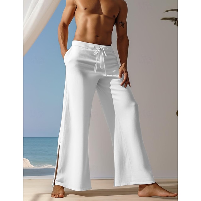  40% Linen Men's Linen Pants Trousers Summer Pants Pocket Drawstring Straight Leg Plain Breathable Comfortable Daily Vacation Going out Classic Casual Black White