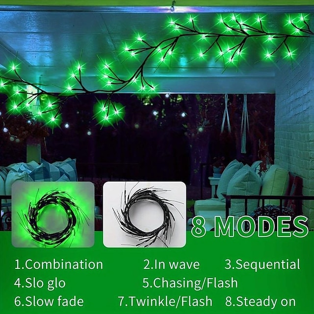  شارع. سلسلة ضوء زخرفية خضراء لعيد القديس باتريك، 96 خرزة، طاقة USB، 8 أوضاع