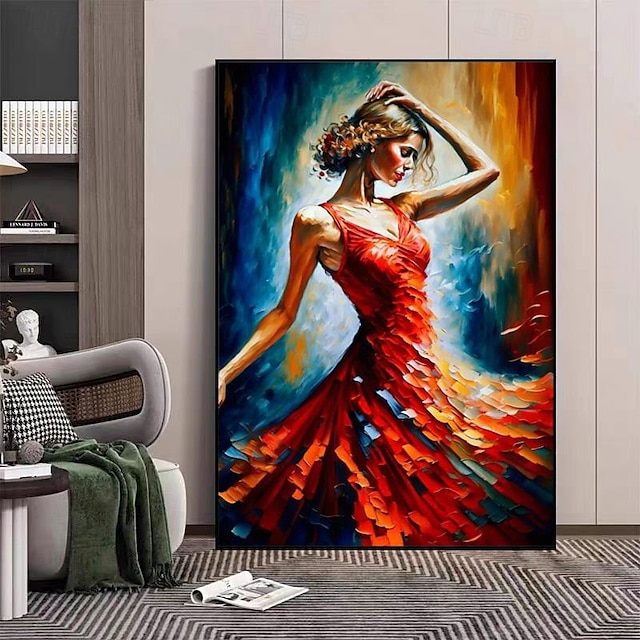  שמלה אדומה בוהקת צבועה ביד בלט ילדה רוקדת אמנות ציור שמן ציורי בד ציורי קיר אמנות תמונות לסלון מתנות לעיצוב הבית (ללא מסגרת)