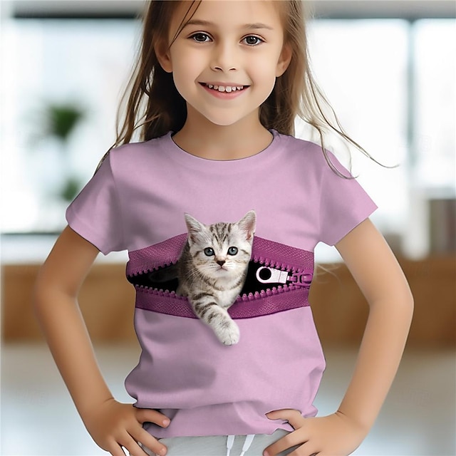  Girls' 3D Cat Tee Shirts Pink Short Sleeve 3D Print Summer Active Fashion Cute Polyester Kids 3-12 Years Crew Neck Outdoor Casual Daily Regular Fit