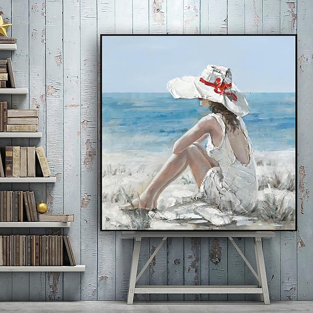  Hand painted portrait of woman with hat at the beach original painting Sea Girl oil painting on canvas Wall Decor Stretched Frame Ready to Hang
