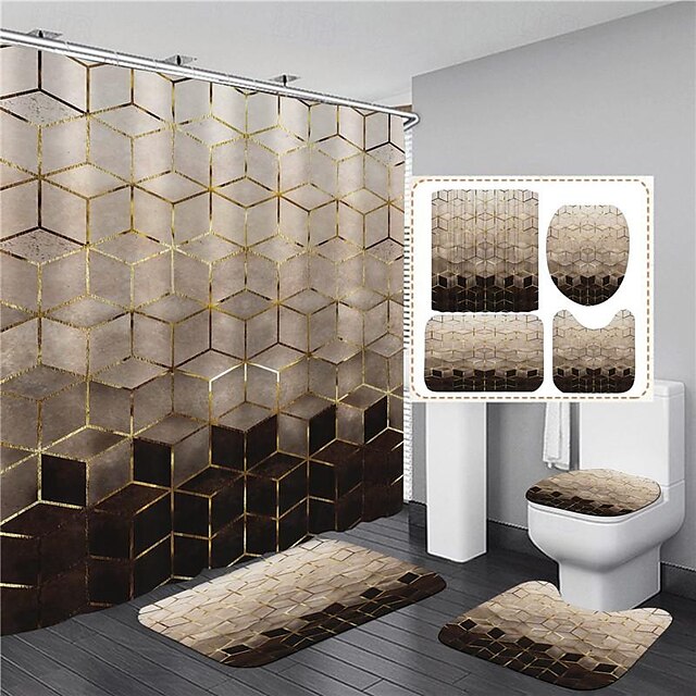  4 piezas juegos de baño alfombras cortina de ducha patrón de mármol cortina de ducha con ganchos alfombra de baño antideslizante alfombra en forma de U tapa de inodoro almohadilla decoración del baño