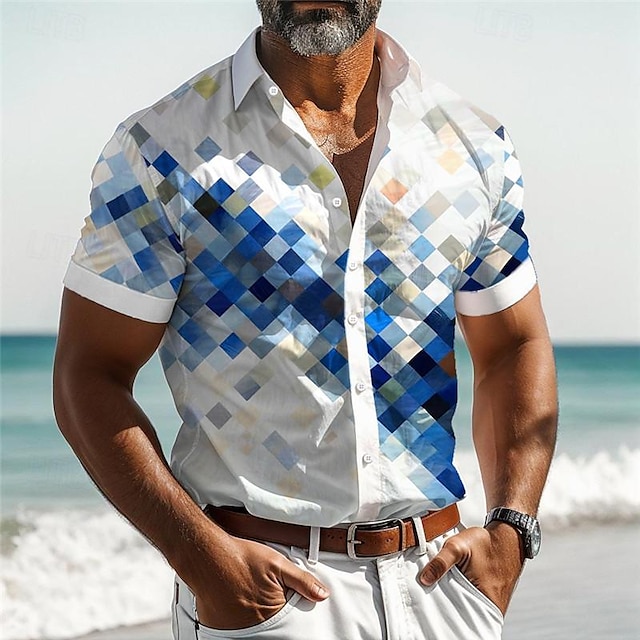  клетчатая мужская курортная гавайская рубашка с 3D принтом на пуговицах и коротким рукавом, летняя пляжная рубашка, повседневная одежда для отпуска, от S до 3XL
