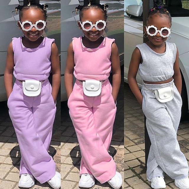  Mädchen 3D Feste Farbe Set Ärmellos Sommer Süß Baumwolle Polyester Baby 2-8 Jahre Urlaub Lockere Passform