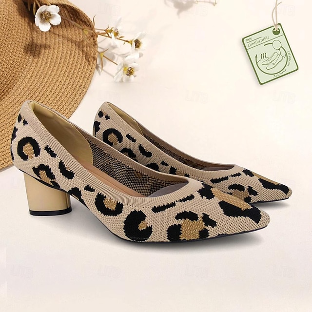  Women's Heels Plus Size Flyknit Shoes Outdoor Office Daily Leopard Chunky Heel Pointed Toe Fashion Classic Comfort Walking Knit Loafer Almond Leopard Black / Beige