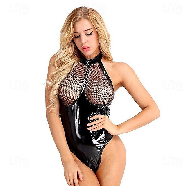  Recorte de una pieza de charol negro sexy para mujer con ropa interior de cadena de metal