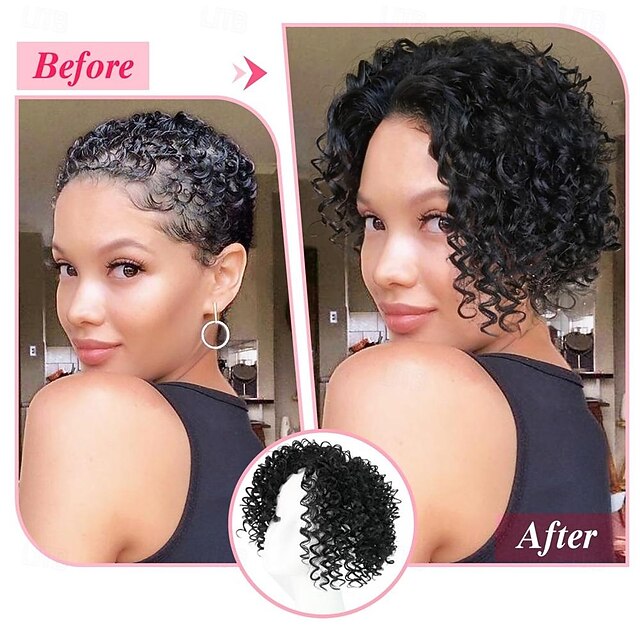 Afro Kinky Curly Short Hair Toppers with Bangs Black Clip in Synthetic