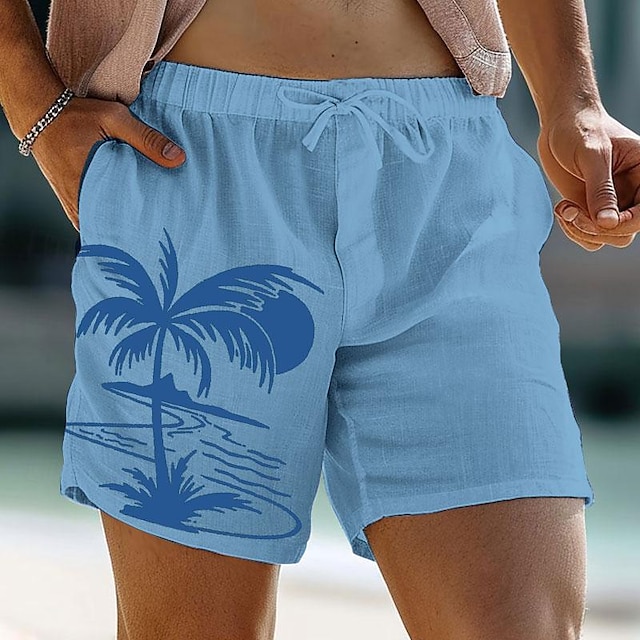  Coqueiro estampado shorts de linho de algodão masculino verão shorts havaianos praia shorts com cordão cintura elástica respirável macio curto casual diário férias roupas streetwear