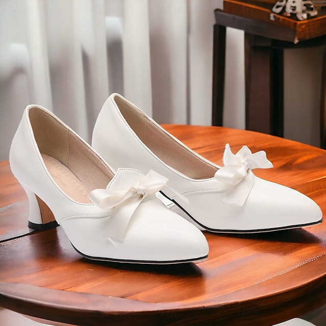  Women's Heels Pumps Ladies Shoes Valentines Gifts Handmade Shoes Vintage Shoes Party Outdoor Valentine's Day Bowknot Kitten Heel Round Toe Elegant Vintage Leather Loafer White