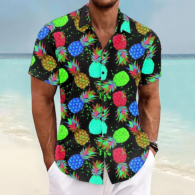  Voor heren Ananas Overhemd Hawaiiaans overhemd Aloha-shirt Korte mouw Overhemd Strijkijzer Vakantie Hawaii Buiten Vakantie Hawaii Blauw Paars Fuchsia S M L