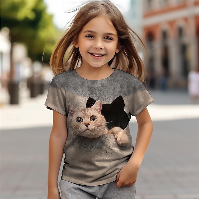  Девочки 3D Кот Футболка Рубашки С короткими рукавами 3D печать Лето Активный Мода Симпатичные Стиль Полиэстер Дети 3-12 лет Вырез под горло на открытом воздухе Повседневные Стандартный
