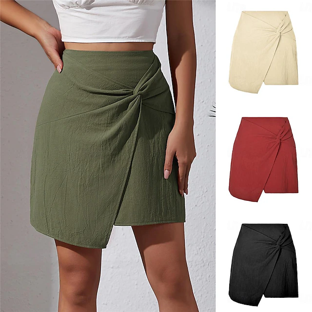 Women's Skirt Linen Skirts Basic Casual Mini High Waist Skirts Solid Colored Split Ends Casual Daily Weekend Wine Black Army Green Apricot Summer Cotton And Linen 30