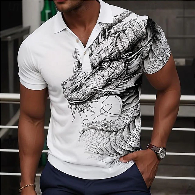 Men's Dragon Polo Shirts Golf Shirt Short Sleeve Polo Shirts Collared Shirts Casual Funny Streetwear Vacation Wear Party Outfits Buttons 3D Print Summer Wine Green Gray 6