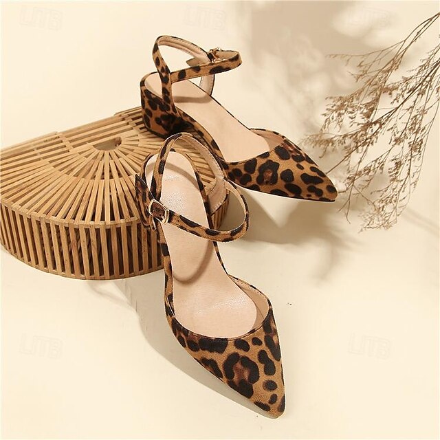  Women's Heels Pumps Lace Up Sandals Strappy Sandals Office Work Daily Leopard Block Heel Pointed Toe Elegant Fashion Comfort Microbial Leather Leopard