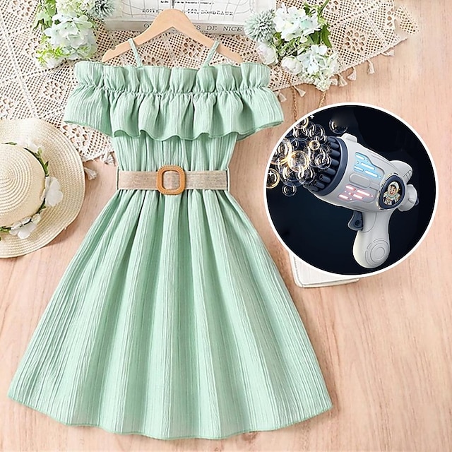  Kids Girls' Dress Solid Color Short Sleeve Wedding Outdoor Casual Ruffle  Fashion Daily Polyester Knee-length Casual Dress Swing Dress A Line Dress Summer Spring 7-13 Years With 1PC Bubble Machine