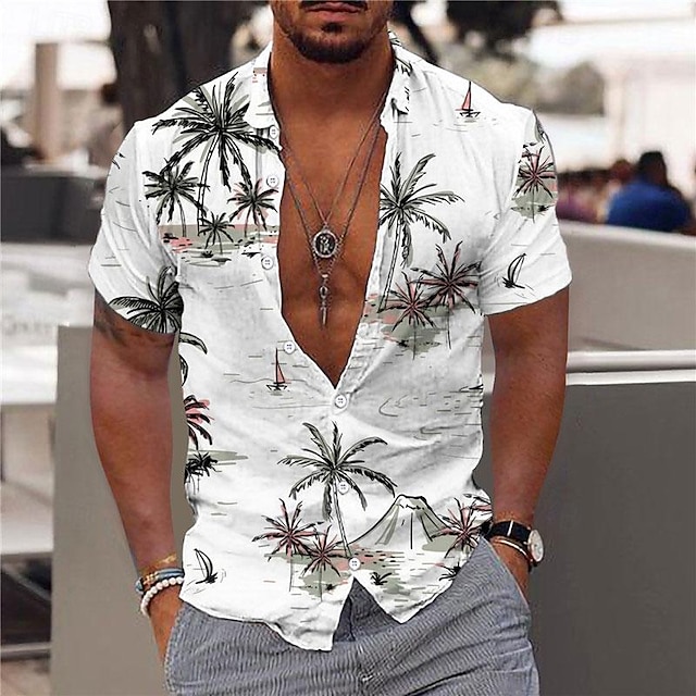  Homens Camisa Social Camisa havaiana Camisa Gráfica Camiseta Aloha Coqueiro Aberto para a Lateral Amarelo Claro Verde Azul Roxo Amarelo Estampado Ao ar livre Rua Manga Curta Botão para baixo Imprimir