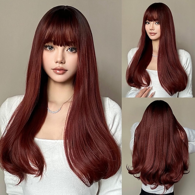  Synthetic Wig Uniforms Career Costumes Princess Bouncy Curl Deep Wave Middle Part Layered Haircut Machine Made Wig 26 inch Dark Red Synthetic Hair Women's Cosplay Party Fashion Red