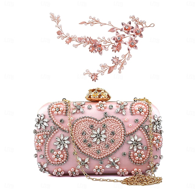  Women's Evening Bag and Pearl Floral Headpiece Set Clutch Bags Polyester for Evening Bridal Wedding Party with Pearls Crystals Durable Black Pink