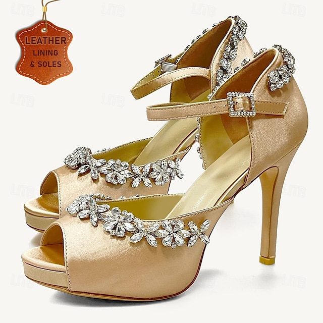 Women's Heels Wedding Shoes Crystal Platform Stiletto Peep Toe Elegant Satin Ankle Strap Black White Champagne