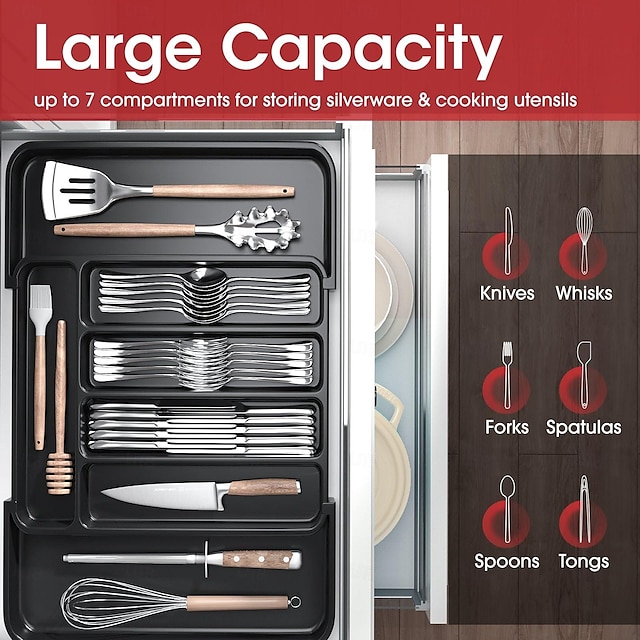  Silverware Organizer - Expandable Kitchen Drawer Organizer, Adjustable Utensil Organizer, Cutlery Drawer Organizer for Forks, Knives, Multipurpose Kitchen Organizers and Storage Solution