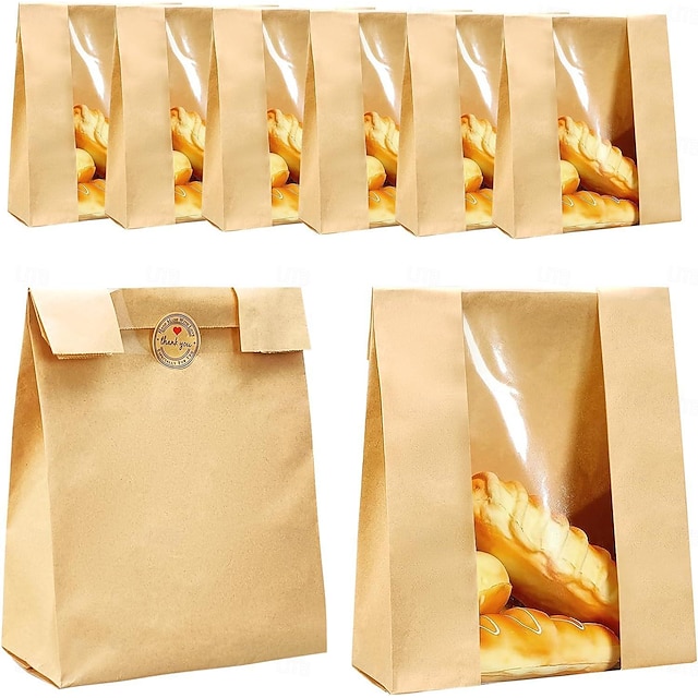  50 Pack Kraft Sourdough Bread Bags with Thank You Stickers,Large Paper Bakery Bags with Clear Window for Homemade Bread, Baked Food Packaging Storage,Bread Bags