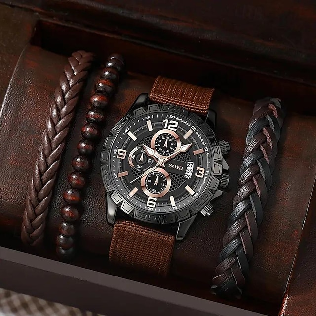  Men's 4pcs/Set Quartz Watch for Men Analog Quartz Retro Stylish Chronograph Alloy Nylon Sport Style Watches