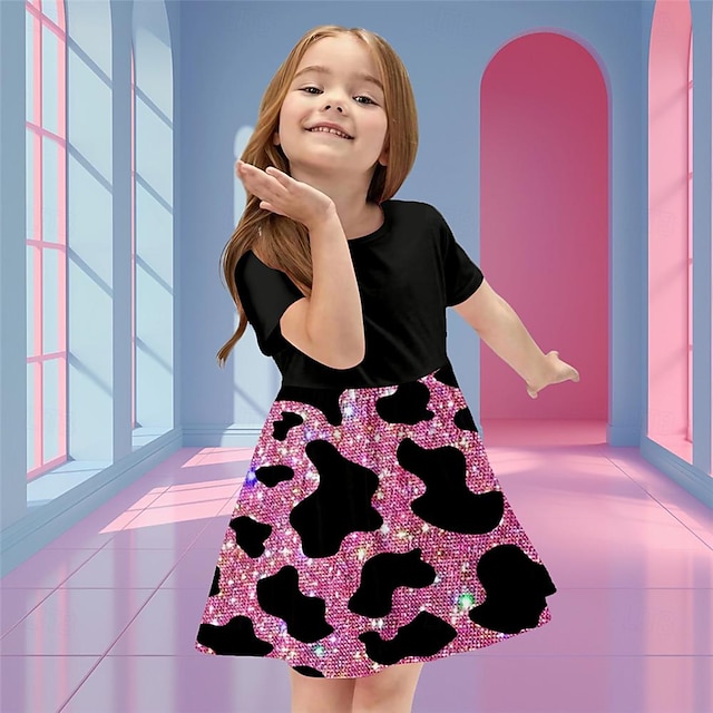  女の子 3d ドレス ピンク 半袖 3d プリント 夏 デイリー ホリデー カジュアル 美しい 子供 3-12 歳 カジュアル ドレス スケーター ドレス 膝上 ポリエステル レギュラーフィット