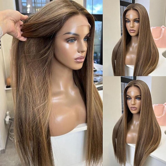  remy hiukset 13x4 pitsiä etuperuukki vapaa osa brasilialaiset hiukset silkkinen suora ruskea peruukki 130% 150% tiheys luonnollinen hiusraja 100% neitsyt naisille pitkät ihmisen hiukset pitsiperuukki