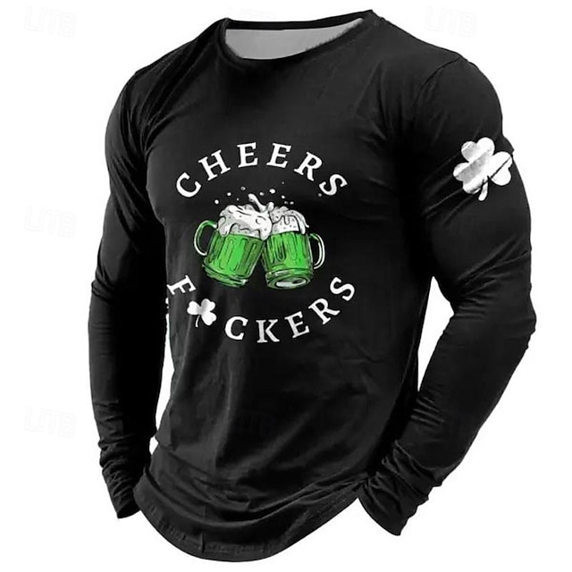 São Patrício Homens Gráfico Trevo Cerveja Irlandês sortudo Camiseta Manga Longa Camiseta Impressão 3D Gola Redonda Camisa Moda Designer Casual Esportes Feriado Para Noite Preto Azul Verde Primavera