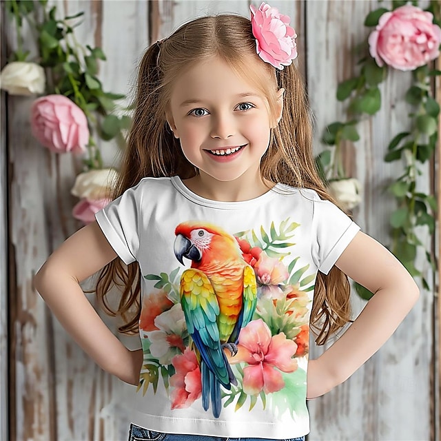  女の子 3D フローラル Tシャツ 半袖 3D プリント 夏 アクティブ 休暇 トロピカル ポリエステル 子供 3-12 歳 クルーネック アウトドア カジュアル デイリー レギュラーフィット