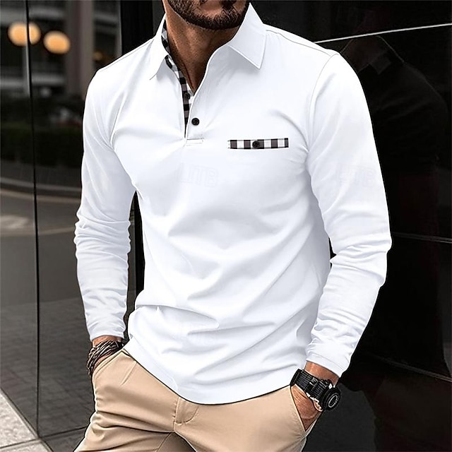  Herren Poloshirt Golfhemd Arbeit Casual Kargen Langarm Basic Modern Plaid Farbblock Patchwork Taste Frühling & Herbst Regular Fit Schwarz Weiß Marineblau Grau Poloshirt