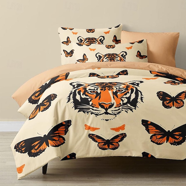  fjärils- och tigermönster påslakanset set mjukt 3-delat lyxigt sängset i bomull heminredning present tvilling hel king queen size påslakan
