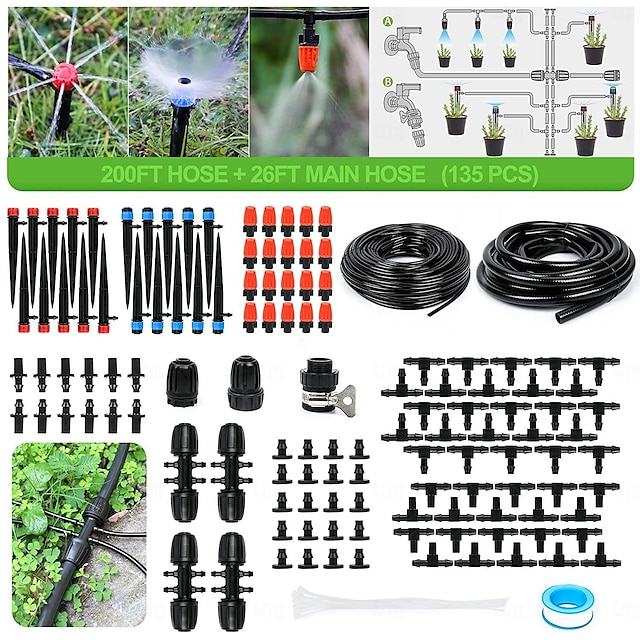  Drip Irrigation Kit 226FT Automatic Irrigation Misting Watering System 1/4 inch 1/2 inch Blank Distribution Tubing Hose for Patio Lawn Garden Greenhouse Flower Bed