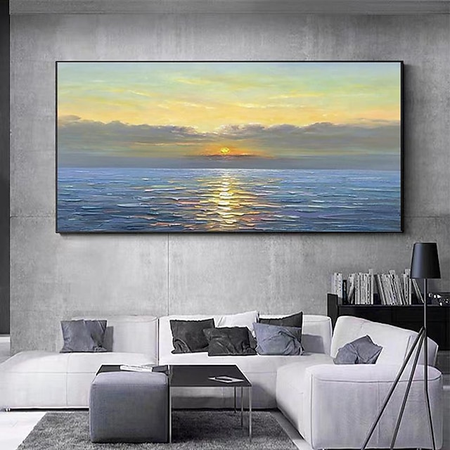  grande peinture à l'huile de paysage marin de coucher de soleil peinte à la main sur toile originale abstraite peinture de paysage de mer bleue art mural texturé salon décor à la maison sans cadre