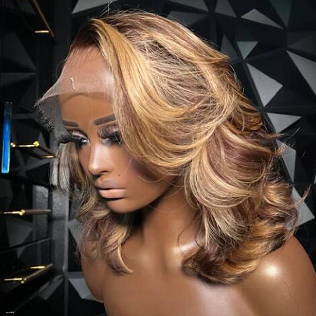  Remy Human Hair 13x4 Lace Front Wig Short Bob Brazilian Hair Wavy Multi-color Wig 130% 150% Density Ombre Hair Highlighted / Balayage Hair Pre-Plucked For Women Short Human Hair Lace Wig