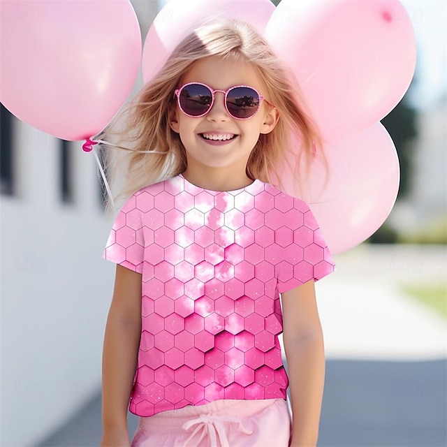  女の子 3D グラフィック Ｔシャツ シャツ ピンク 半袖 3Dプリント 夏 活発的 ファッション かわいいスタイル ポリエステル 子供 3〜12年 クルーネック アウトドア カジュアル 日常 レギュラー