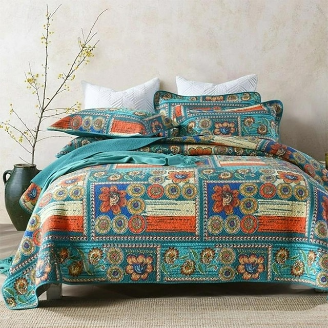  100% bomull patchwork mønster quiltesett, king queen size sengeteppesett for hele sesongen, oversized bohemsk sengesett